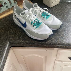 Nike White and Green Sneakers with Blue Swoosh